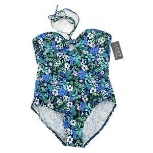 LOFT Swim Blue and Teal One-Piece Swimsuit Halter Tie Floral Design Size XL NEW!